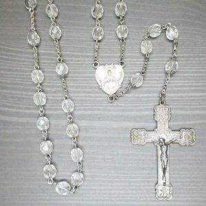 VTG Rosary Clear Glass Beads Sterling Silver Cross Alpha Omega Chi Rho Crucifix